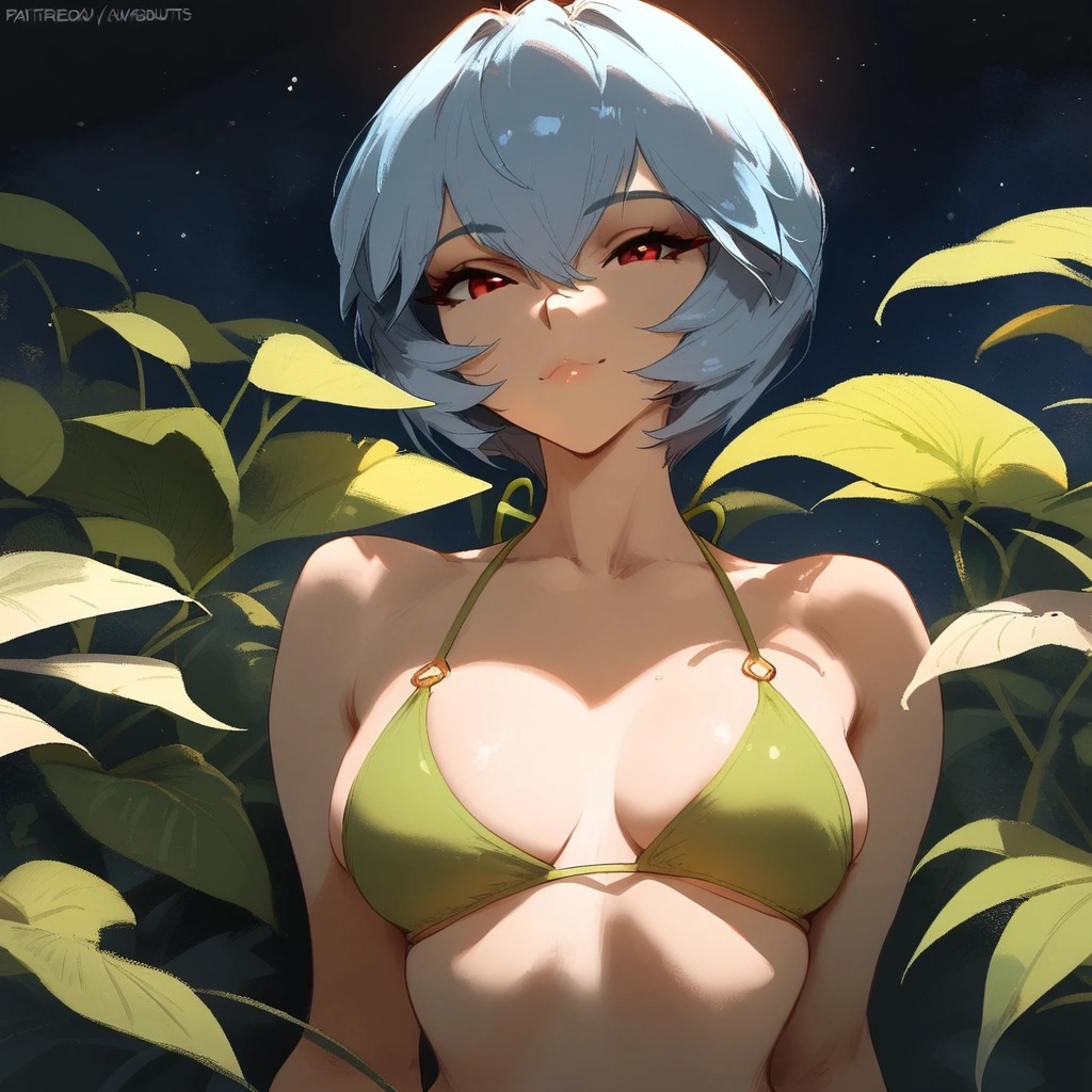 1girl, ayanami rei, neon genesis evangelion \\\\\ masterpiece, best quality, very aesthetic, absurdres, newest ///// nyantcha, cutesexyrobutts, khyle ////// ///// simple background, space background, lime bikini, greenery, 18 years old girl, thin waist,solo, stars, ^_^, portrait, detailed face, bare neck.