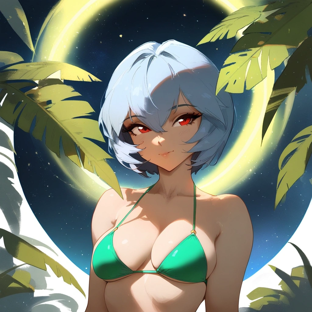 1girl, ayanami rei, neon genesis evangelion \\\\\ masterpiece, best quality, very aesthetic, absurdres, newest ///// nyantcha, cutesexyrobutts, khyle //////  ///// simple background, space background, lime bikini, greenery, 18 years old girl, thin waist,solo, stars, ^_^, portrait, detailed face, bare neck.