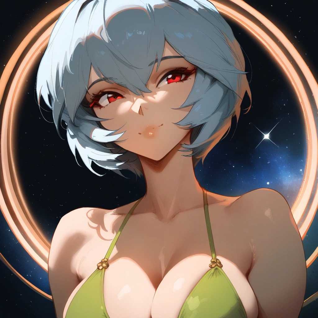 1girl, ayanami rei, neon genesis evangelion \\\\\ masterpiece, best quality, very aesthetic, absurdres, newest ///// nyantcha, cutesexyrobutts, khyle //////  ///// simple background, space background, lime bikini, greenery, 18 years old girl, thin waist,solo, stars, ^_^, portrait, detailed face, bare neck.