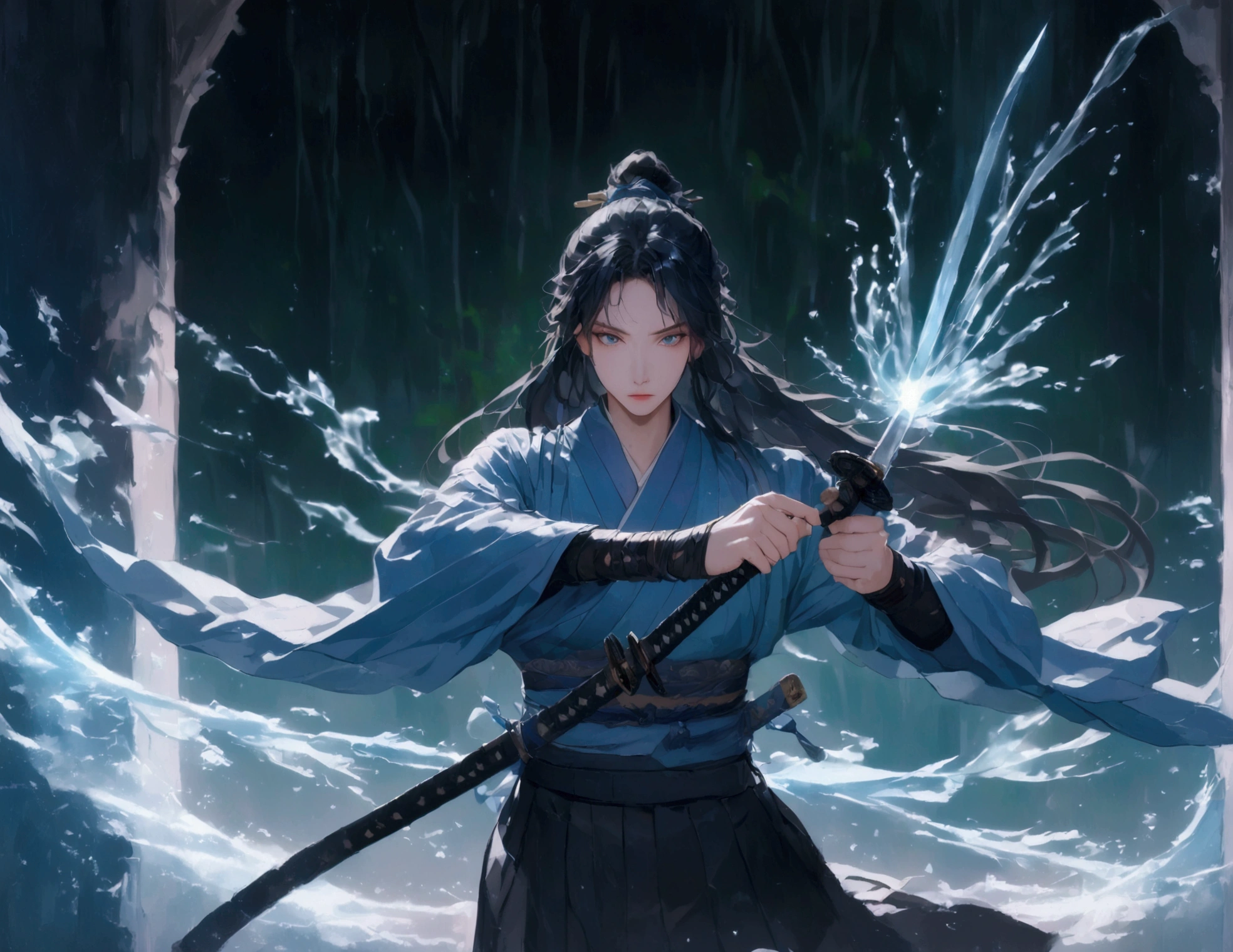 Long-haired anime man wearing blue kimono with katana and water whirlpool in background