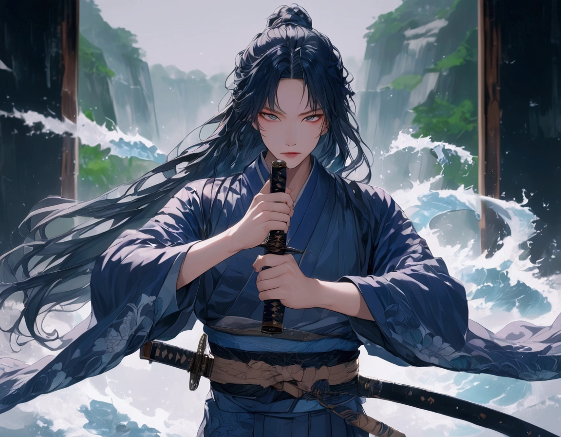 Long-haired anime man wearing blue kimono with katana and water whirlpool in background