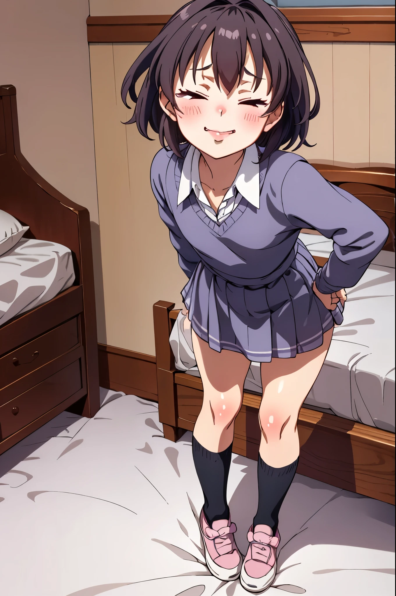 One Girl,(small),Knee socks,shoes, (Half-closed eyes), Fascinating face, Lips parted, nose blush, blush, alone, In the bedroom, Are standing, Seduce your sexy waist (panties), (In underwear),((small胸)),Leaning forward