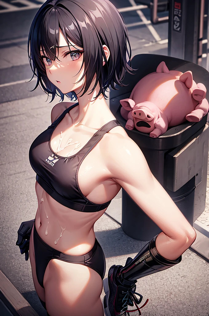 masterpiece, best quality,anime style, 1 girl,(((slender body))), (((small eyes,small breast))),(((gym uniform,sports bra,buruma))),((((a humanoid pig man bound the girl)))),((((cum)))), (beautiful face), (((short hair))), (((straight hair))), ((((black hair)))),detailed beautiful skin, (perfect hands, perfect anatomy),scream