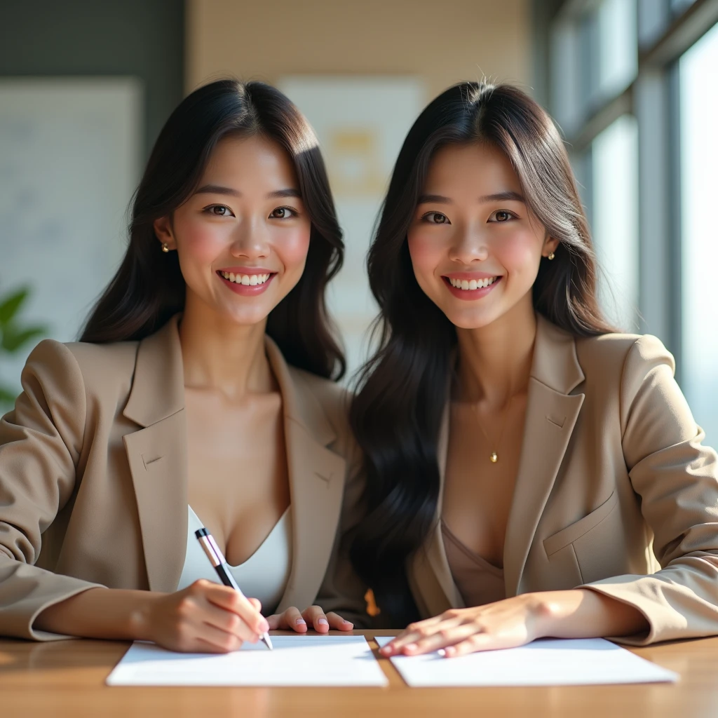 Create an image of two 18-year-old Asian businesswomen, signing a contract with each other. They are smiling with cute and charming faces. The image should be full-body, with slightly revealing attire, portraying a youthful appearance.