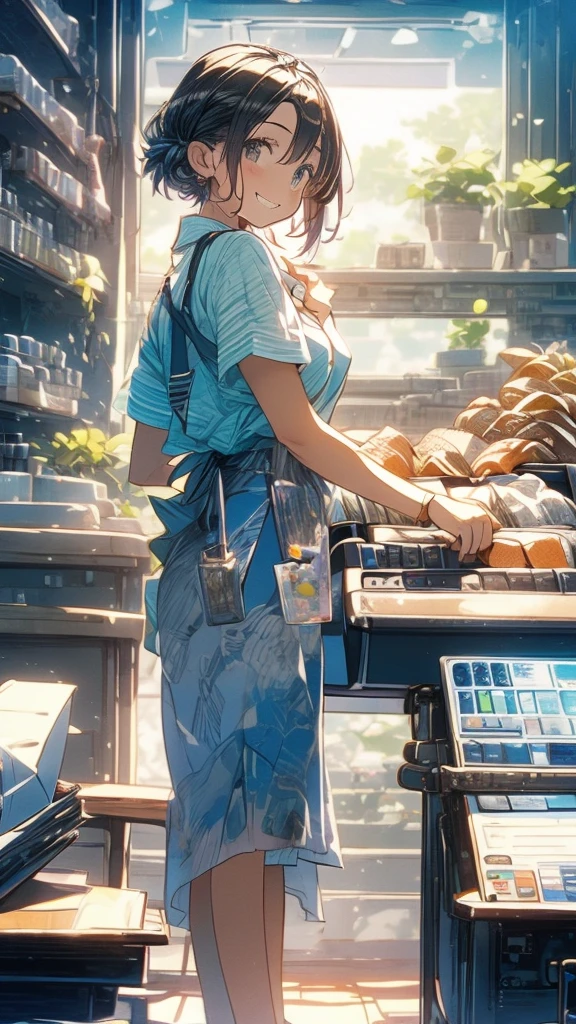 young woman,Facing forward,smile,((Standing inside the cash register)),Touching the cash register machine,Customer Service,((There is a cash register on the table)),(Scanning product barcodes at the cash register)),Supermarket clerk,Wearing an apron,uniform,((Working as a cashier)),((Cashier)),((cashier,register,)),((Receive money from customers)),There are products on the shelves,In the supermarket,Bright interior,grocery store