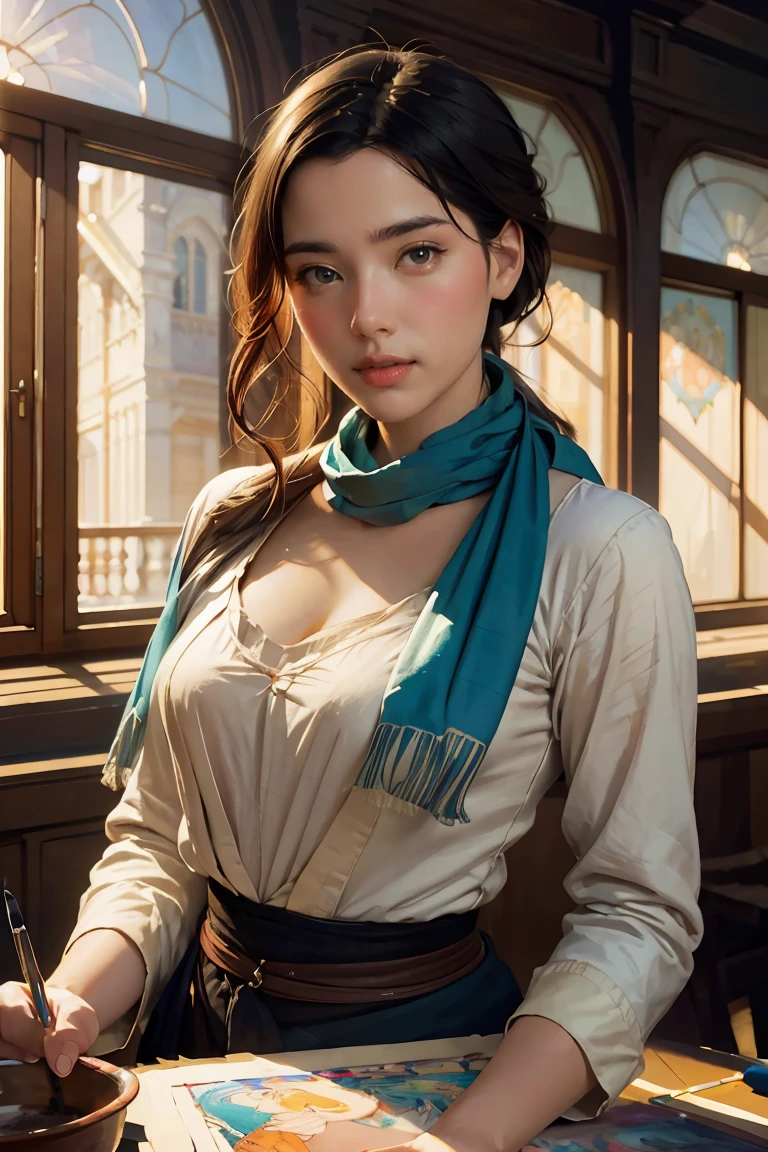 a painting of a woman with a scarf on her neck, craig mullins alphonse mucha, artgerm craig mullins, beautiful character painting, rhads and lois van baarle, artgerm and atey ghailan, charlie bowater rich deep colors, ross tran 8 k, ( ( mads berg ) ), artgerm and craig mullins