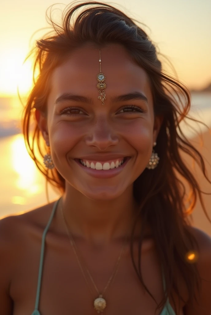a scene in 8k hyper realistic HDR photo of a 24 year indiqn girl smiling bindi on head size 38 breast and in the background the beach at golden time, angle of a camera Sony 55mm