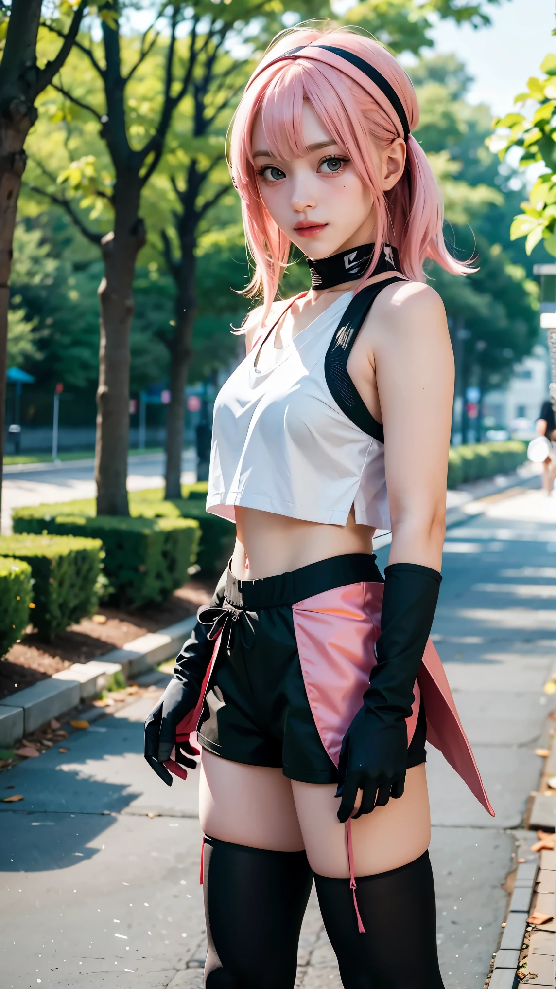A girl cosplaying as the character sakura from the anime naruto shimpudder. She has long pink hair, a bandana tied in white, a green ninja vest, naruto shimpudder-like costume, Slightly open neckline, red color outfit with black, bright green eyes, tight black shorts, thick legs, slim waist, fighting stance, wears black gloves, black boots, ultra realistic and detailed cosplay of the character sakura. Masterpiece, Ultra HD, 8k, photography, real skin, real hair, blurred background f1.2. Masterpiece, professional realistic photography style.