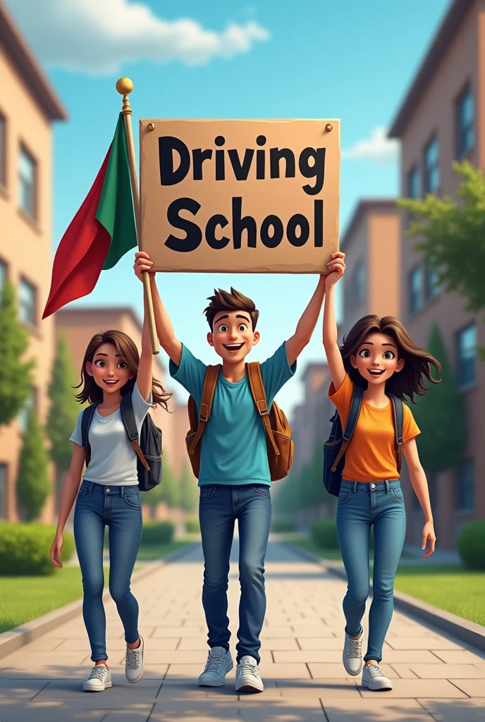 Make a picture of 3 students at schools carrying a flag and a sign behind it says Driving school