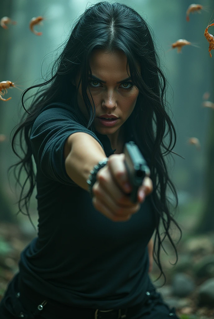 A woman fighting with a gun, shrimp