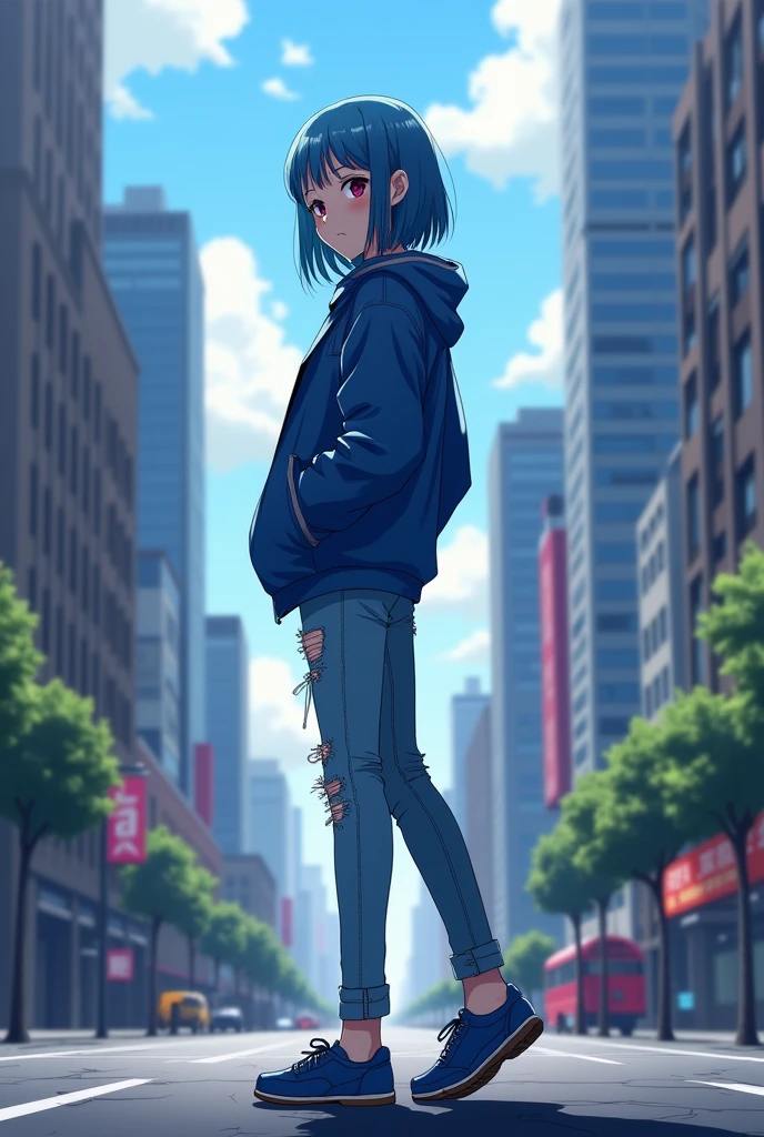 ((best quality)), ((masterpiece)), (detailed), 1girl, solo, street, blue jacket, ripped jeans, blue shoes, view down, half short blue hair, city background, 8k, anime graphics, ultra detail