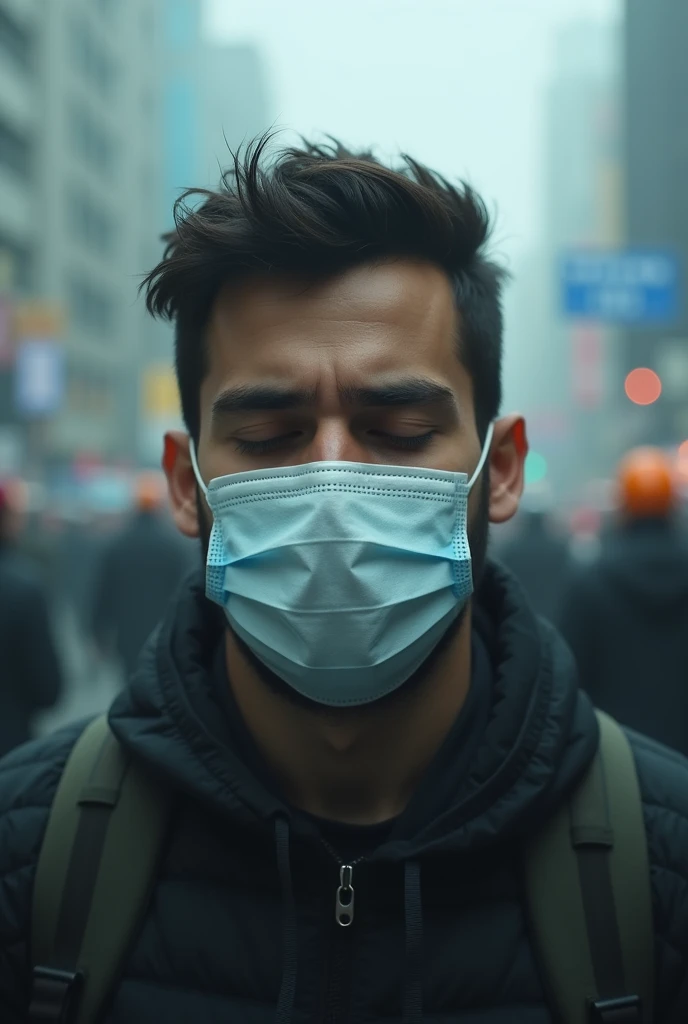 A portrait of a man wearing a face mask with eyes closed in a crowded place in a big city & foggy & feeling sadness 
