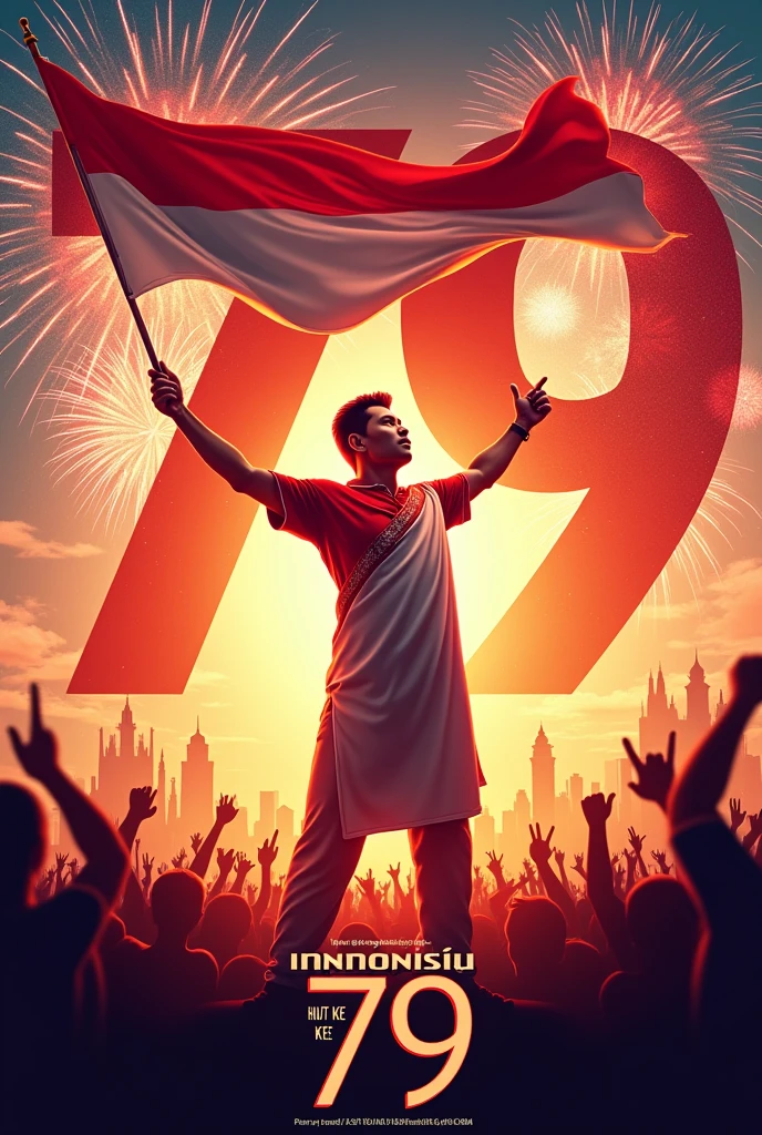 "Create a vibrant and dynamic poster featuring a proud, Indonesian man celebrating the 79th Indonesian Independence Day (DIRGAHAYU HUT RI KE 79). The man is standing confidently, holding a large Indonesian flag in one hand, waving it with energy. He is wearing a traditional red and white outfit that symbolizes Indonesia’s national colors. The background is filled with fireworks, the iconic Monas (National Monument) of Jakarta, and cheering crowds, all bathed in the warm glow of a sunset. The number '79' is prominently displayed in bold, futuristic text with 'DIRGAHAYU HUT RI KE 79' written underneath in an elegant, modern font."