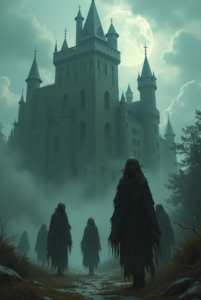 Crazy lost souls who are looking for a home and standing in front of a castle