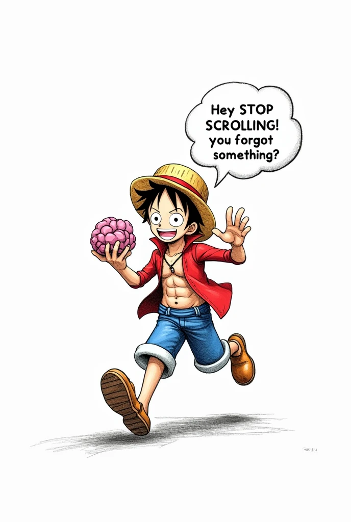 A quirky and charming pencil line drawing of full canvas size Luffy from One Piece anime in his usual red blue attire and strawhat, Luffy is running towards the viewer, holding a brain in one hand and waving with the other. There's a speech bubble above his head that reads, "Hey STOP SCROLLING! you forgot something?" The background is a clean, white canvas that highlights the simplicity of the drawing and the playful nature of the scene, illustration