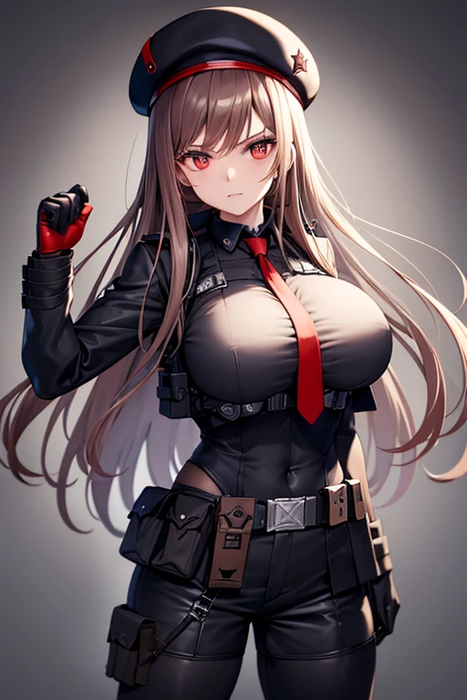 Rapi (NIKKE), Belt Pouches, Brown hair, Black hat, red necktie, (black peaked cap), looking at the viewer, facing the viewer, choker, gloves, necktie, Red gloves, (uniform), (bulletproof vest), utility belt, cargo pants, black pants, Black boots, solo, long hair, (simple white background), cowboy shot, red eyes, huge breasts, (muscular body), long sleeves, (hands to sides), closed mouth,