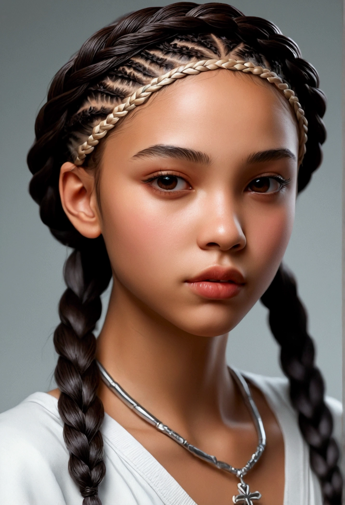 hands cross, A cap-glossed cap is worn on his head，Girl with twisted braids，8k，Fine depiction of appearance，Very perfect figure,