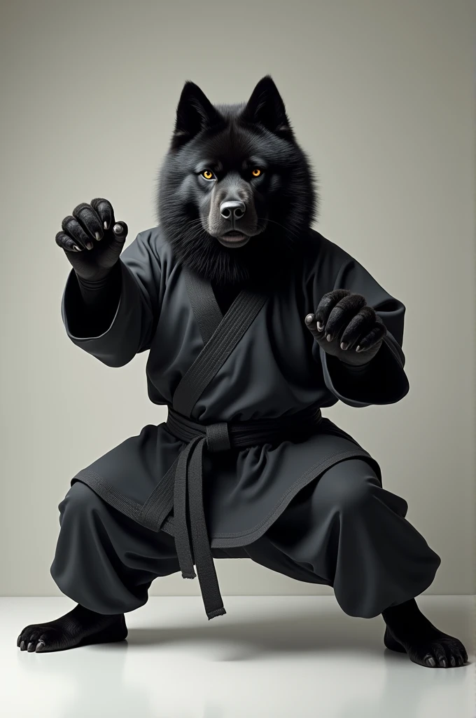A black Akita wearing a black martial arts outfit doing a fighting stance. 