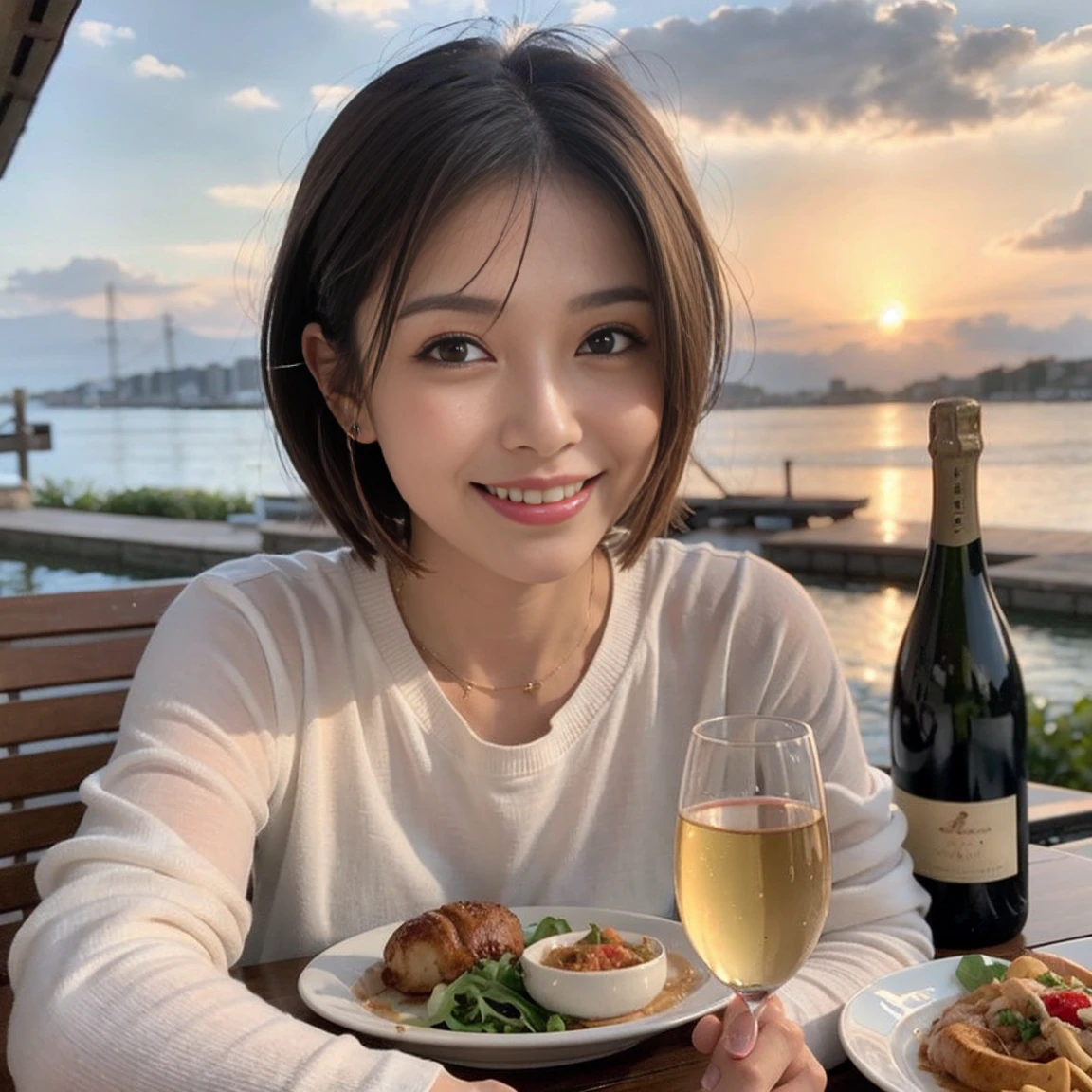 （Realistic:1.1）,(masterpiece,Highest quality)，8k,(49 years old), 53 years old, ベリーslimボディ、slimカップル、Tight waist,Upper Body,full-course dinner、wine 、Amazing view of the sunset sky and clouds、Perfect Anatomy, Brown Hair, short hair,Random Hairstyles,((Highly detailed face and eyes:1.2))，Perfect golden ratio face，Long sleeve shirt、dress,(smile:1.2)、Shortcuts、cute、(Realistic, Intricate details:1.2), A bright smile、short hair,Bright Face、赤wine 、Appetizers、Italian food、wine bottle、Champagne、スパークリングwine、(slimな顔), (The body is slim), (Brown Hair), (Shortcuts),  Upper Body, 白wine, slim, wineグラス, 