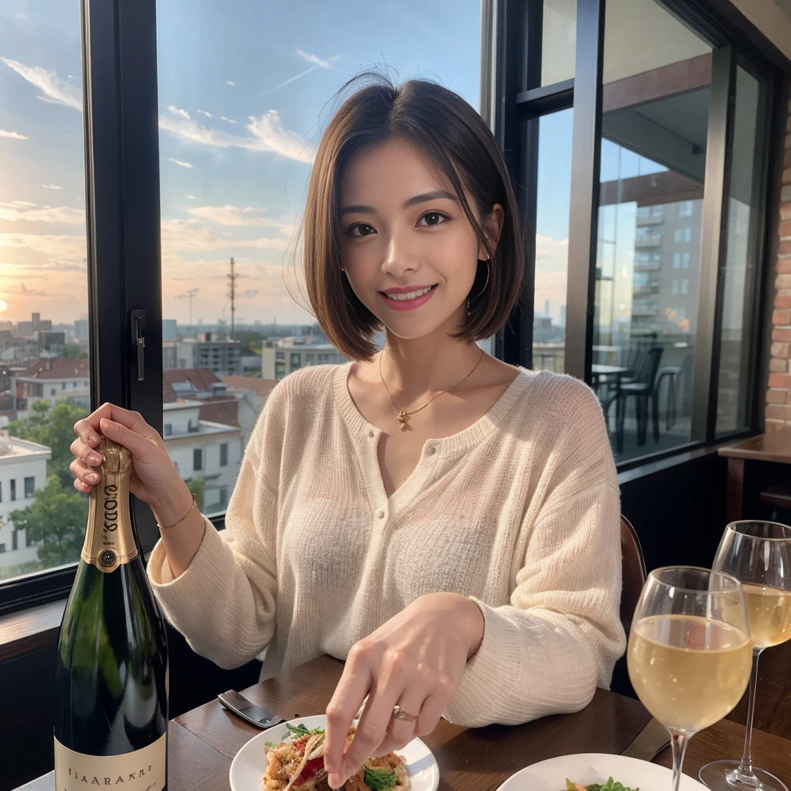 (Realistic:1.1),(masterpiece,Highest quality),8k,(49 years old), 53 years old, ベリーslimボディ、slimカップル、Tight waist,Upper Body,full-course dinner、wine 、Amazing view of the sunset sky and clouds、Perfect Anatomy, Brown Hair, short hair,Random Hairstyles,((Highly detailed face and eyes:1.2)),Perfect golden ratio face,Long sleeve shirt、dress,(smile:1.2)、Shortcuts、cute、(Realistic, Intricate details:1.2), A bright smile、short hair,Bright Face、赤wine 、Appetizers、Italian food、wine bottle、Champagne、スパークリングwine、(slimな顔), (The body is slim), (Brown Hair), (Shortcuts), Upper Body, 白wine, slim, wineグラス,