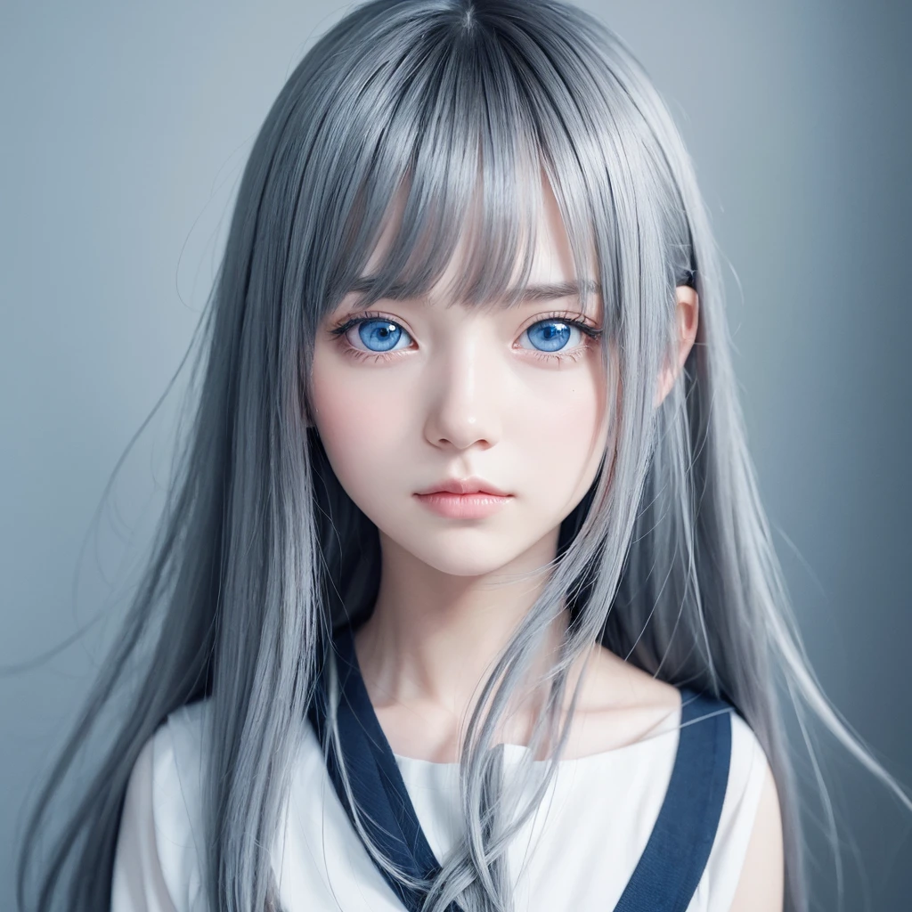 One girl, Long Hair, Bangs between the eyes, Gray Hair, Character portrait, blue eyes, anime風, Illustration, Minimalist, anime, 