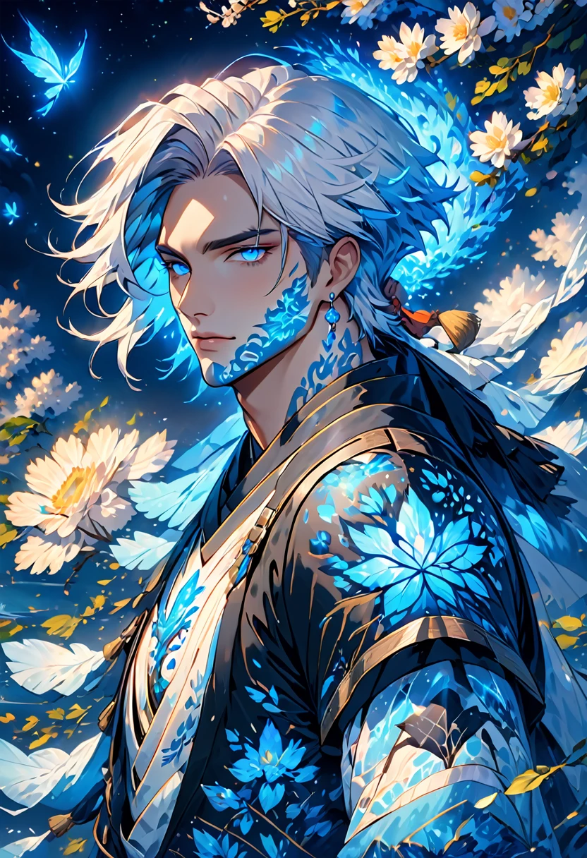  (Incredibly soft and beautiful:1.2), 8 K, (tmasterpiece, best:1.2), (Male:1.5) masterpiece, best quality, (detailed:1.3) half-naked body with pale skin and (long_WHITE_hair:1.4). All his pale skin is there. (BLUE_luminous_tattoos:1.5), on face, On the body. (magic_bioluminescent_tattoos:1.5) Nude upper body, paleBLUE colour dominating, Cloudy Night, Sharp Focus, highly detailed, Magical fantasy style,Glowing RunesAI_BLUE,,bioluminescent body paint fbpz,Were_Ranger_face,4rmorbre4k,Glowing RunesAI_BLUE