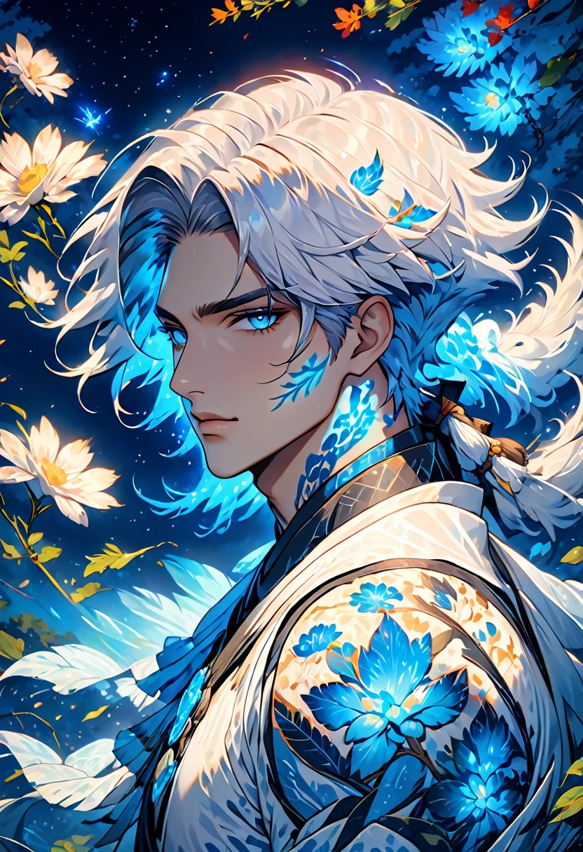  (Incredibly soft and beautiful:1.2), 8 K, (tmasterpiece, best:1.2), (Male:1.5) masterpiece, best quality, (detailed:1.3) half-naked body with pale skin and (long_WHITE_hair:1.4). All his pale skin is there. (BLUE_luminous_tattoos:1.5), on face, On the body. (magic_bioluminescent_tattoos:1.5) Nude upper body, paleBLUE colour dominating, Cloudy Night, Sharp Focus, highly detailed, Magical fantasy style,Glowing RunesAI_BLUE,,bioluminescent body paint fbpz,Were_Ranger_face,4rmorbre4k,Glowing RunesAI_BLUE