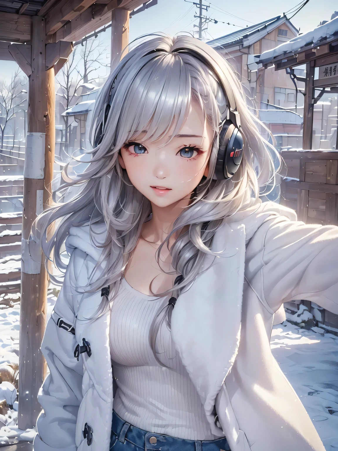 ((cute girl, face, style of painting)).(Upper body portrait:1.5)((masterpiece:1.5))((alone、Huge headphones:1.5、A woman wearing a large duffle coat、Shorts、コートでShortsが隠れる、Put your hands in your pockets、Detailed face、Big Eyes、Bright expression、Big beautiful breasts、Best Looks、Ultimate beauty、Shiny silver hair with highlights、明るい and shiny hair,、Modern Hairstyles、Hair dancing in the wind))(morning、Countryside Winter、Abandoned station platform)Please look away from here、Beautiful profile