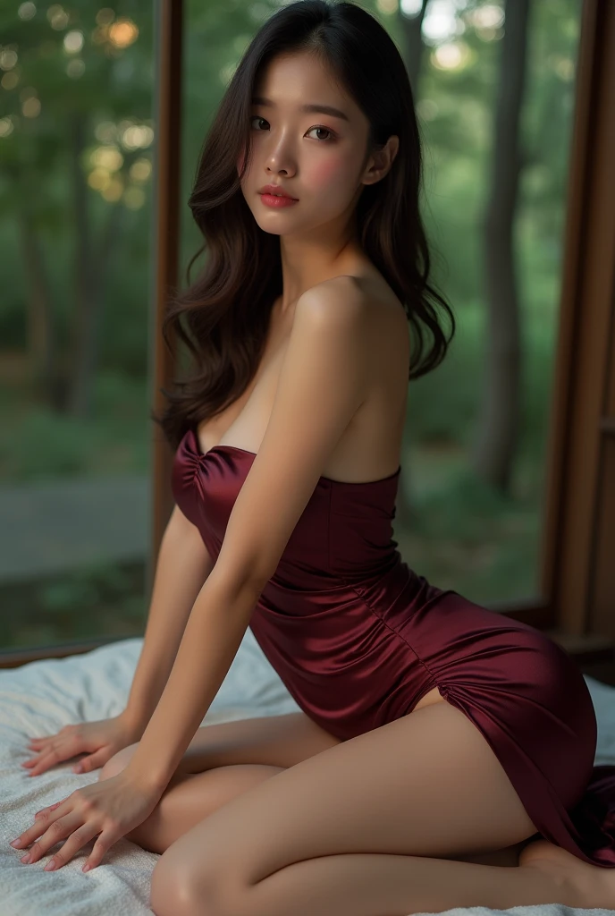 (photorealism:1.2), (Best quality, master piece, high resolution)1 female, beautiful hyper realistic elegant gorgeous asian , full body view , use natural colours and lightings , cinematic lightings , natural big breasts , with best suitable hairstyle that adds up to her looks, detailed realistic hair , wearing sexy maroon red draped asymmetric one piece partywear (highly detailed), lying on bed , undressing herself, shiny legs , beautiful legs , deltailed forest evening background