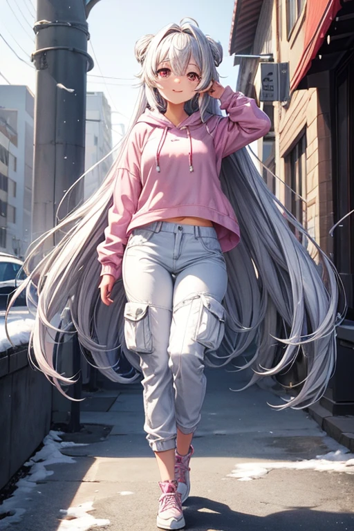 Silver hair down to her back、Smooth straight hair、Garnet Eye、A pink frilly lace hoodie、White Cargo Pants、Cute girl、A strong smile、From head to thighs、snow、Town、Digital anime style illustration、high resolution