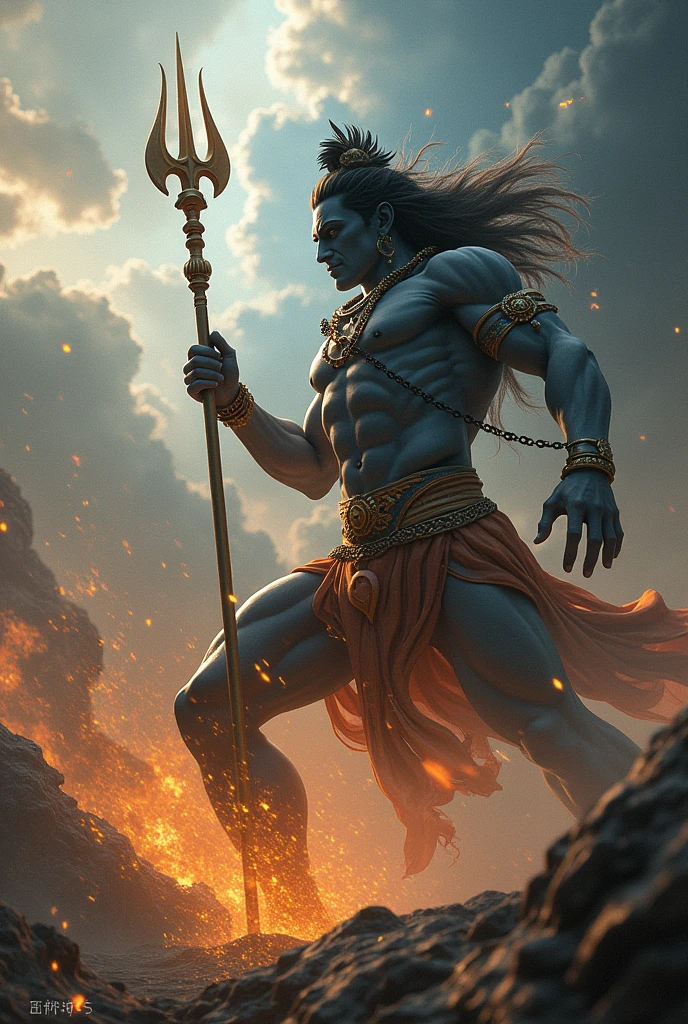 Draw a lord shiva hits the Trident in asura's chest