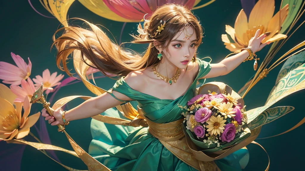 32K, 最高quality, 最高masterpiece, (ultra-Detailed Background, Detailed Background), High resolution, Super detailed, Very detailedな, One girl, (bouquet:1.3), (Tangled:1.2), (Geometric:1.2),(colorful),(masterpiece, quality, best quality, Official Art, Beautiful and beautiful:1.2), (1 girl:1.3), Very detailed,(colorful:1.1)(Flowers:1.3),Most detailed,(Tangled:1.2), whole body, (Abstract background:1.3), (Skin glows), (Many colors:1.4), ,(Earrings Jewelry:1.5), Light green background,