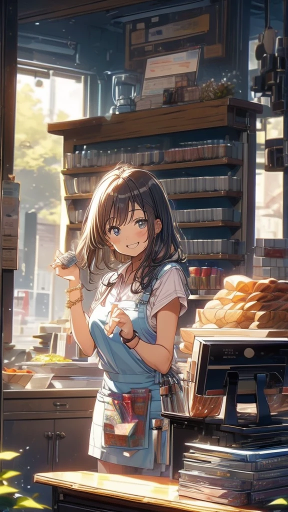 young woman,smile,((Standing inside the cash register)),Touching the cash register machine,Customer Service,((There is a cash register on the table)),(Scanning product barcodes at the cash register)),Supermarket clerk,Wearing an apron,uniform,((Working as a cashier)),((Cashier)),((cashier,register,)),((Receive money from customers)),There are products on the shelves,In the supermarket,Bright interior,grocery store