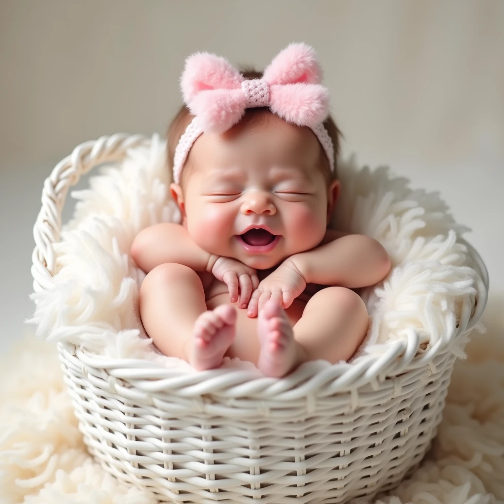 Funny New , rosy-cheeked, Thick, smiling sleeping in a white basket on the sides snow-white lace frills, there is a pink fluffy bow on her head , 8 K (masterpiece), ((top quality)), (super detailed), arms and legs folded funny, makes you laugh,