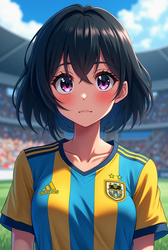 An 18-year-old girl, anime version with black hair, Boca Juniors team jersey (Argentine soccer team)