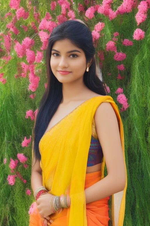 (best quality,4k,8k,highres,masterpiece:1.2),ultra-detailed,(realistic,photorealistic,photo-realistic:1.37) Indian woman、Female sexy、Traditional Indian costume in orange color