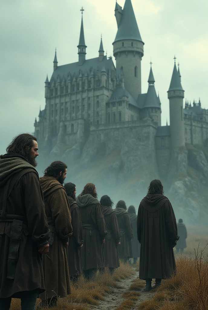 Lost souls looking for a home and standing in front of a castle and getting hope