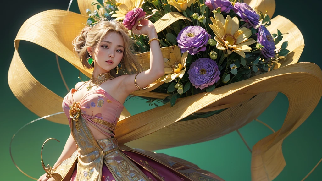 32K, 最高quality, 最高masterpiece, (ultra-Detailed Background, Detailed Background), High resolution, Super detailed, Very detailedな, One girl, (bouquet:1.3), (Tangled:1.2), (Geometric:1.2),(colorful),(masterpiece, quality, best quality, Official Art, Beautiful and beautiful:1.2), (1 girl:1.3), Very detailed,(colorful:1.1)(Flowers:1.3),Most detailed,(Tangled:1.2), whole body, (Abstract background:1.3), (Skin glows), (Many colors:1.4), ,(Earrings Jewelry:1.5), Light green background,