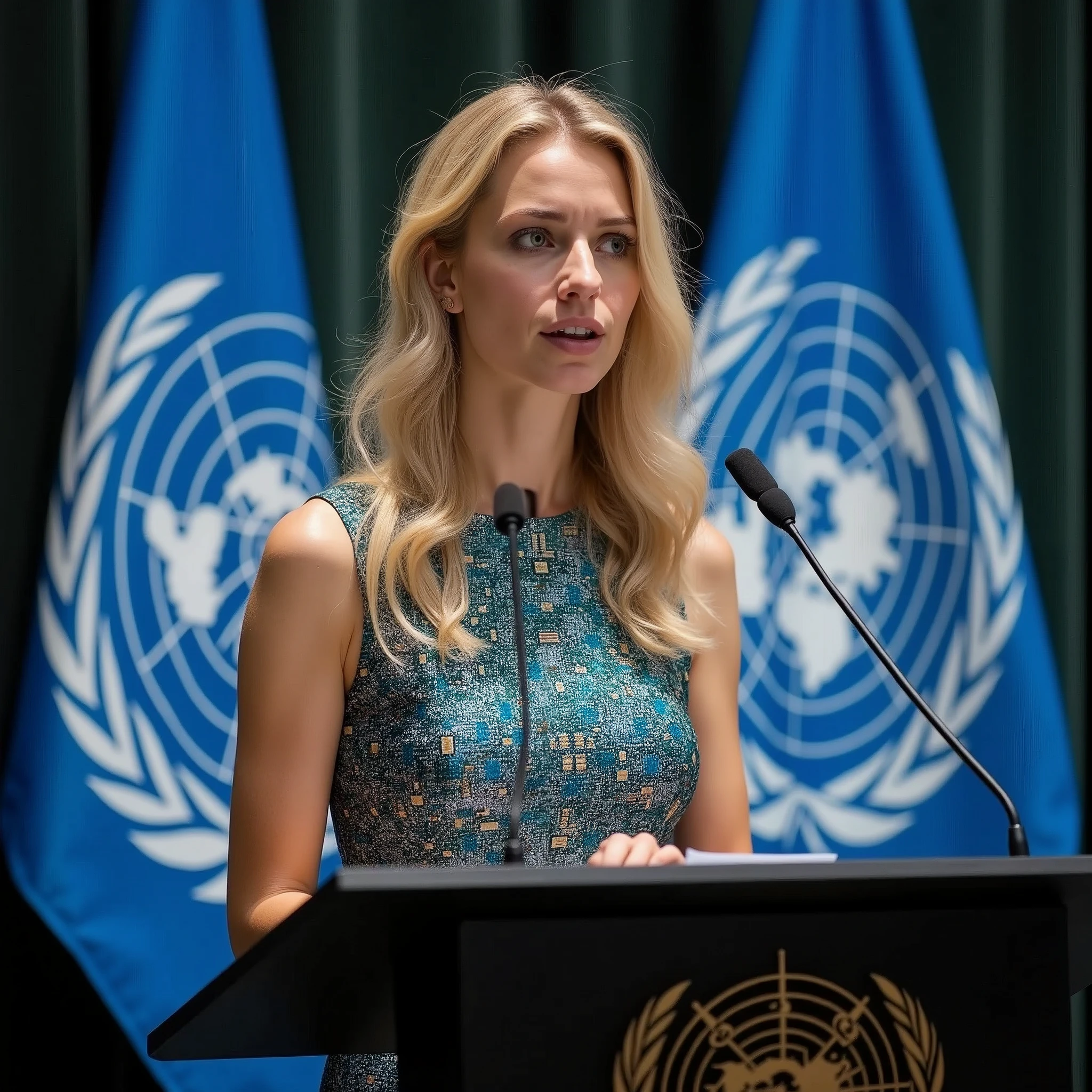 Standing and making a speech at the United Nations, in front of the lectern with a microphone, under the UN flag, a woman 30 years old white woman she has wavy hair, she has blond hair, blue eyes, slim face and nose, slim, wearing a dress with glittering integrated circuits and electronic components, intense gazing eyes, ultra-resolution, intricately detailed, high shot, from face.