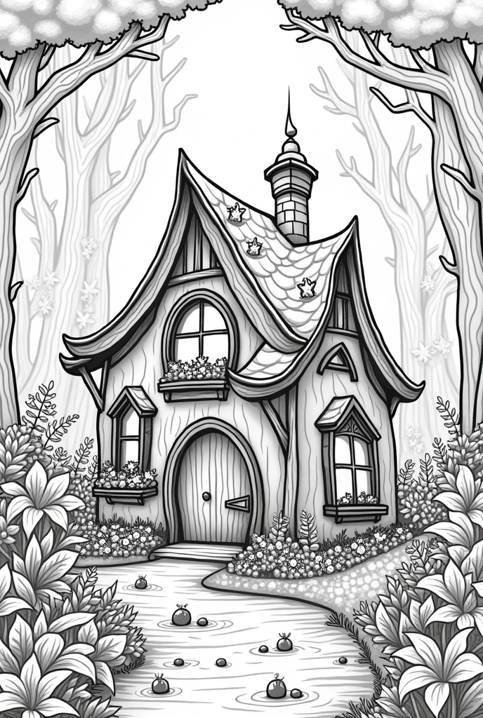 Fairy house coloring book pages nature background black and white high details illustration