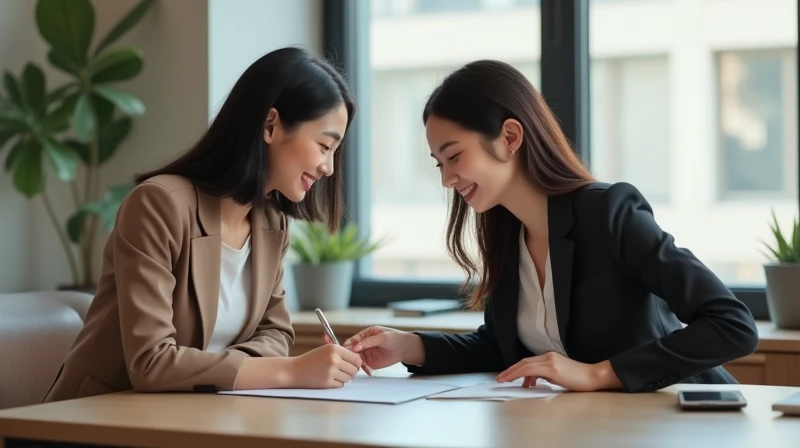 Create an image of two 18-year-old Asian businesswomen, signing a contract with each other. They are smiling with cute and charming faces. The image should be full-body, with slightly revealing attire, portraying a youthful appearance.

