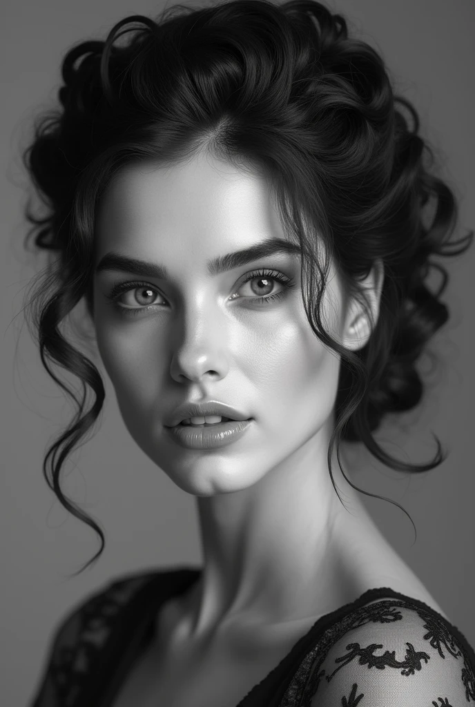 Create an image of european lady with good hairstyle in black and white