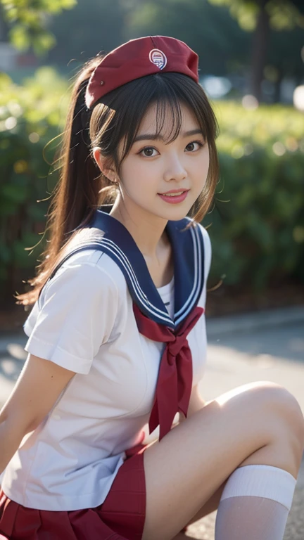 (A gorgeous Japanese idol, age 22 , sitting on the floor in class with legs crossed, wearing seifuku, school uniform, sailor moon, jk uniform, high-school uniform, red ribbon, sailor hat, knee high socks,
Easygoing expressions, kind smile, dimpled chins, cute snaggle-tooth, short bob hair ponytail, symmetrical face, realistic detailed face, beautiful detailed eyes, perfect body proportions, hourglass figure, ample round bosoms, medium breasts,
Raw photo, photorealistic, realistic portrait, hyper-realism, high contrast, ultra HD, realistic skin textures, top image quality, top-quality, super high resolution, fine details, very meticulously, masterpiece, close-up shot, High Angle Shot, bokeh background, SFW, Safe For Work)