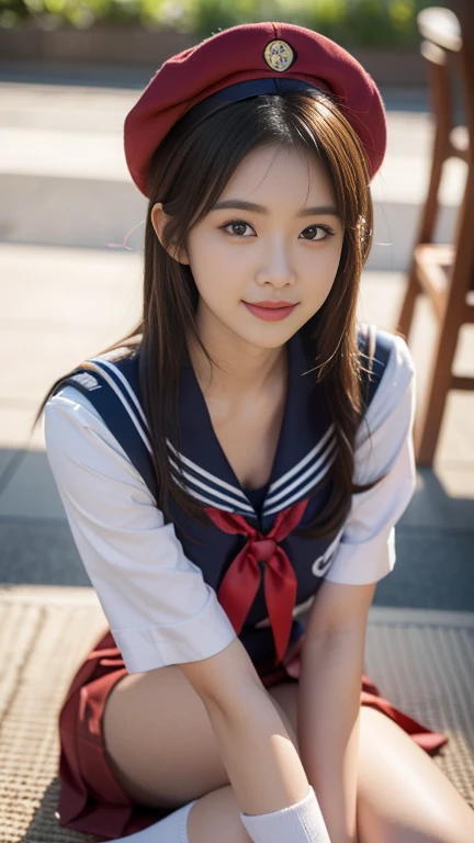 (A gorgeous Japanese idol, age 22 , sitting on the floor in class with legs crossed, wearing seifuku, school uniform, sailor moon, jk uniform, high-school uniform, red ribbon, sailor hat, knee high socks,
Easygoing expressions, kind smile, dimpled chins, cute snaggle-tooth, short bob hair ponytail, symmetrical face, realistic detailed face, beautiful detailed eyes, perfect body proportions, hourglass figure, ample round bosoms, medium breasts,
Raw photo, photorealistic, realistic portrait, hyper-realism, high contrast, ultra HD, realistic skin textures, top image quality, top-quality, super high resolution, fine details, very meticulously, masterpiece, close-up shot, High Angle Shot, bokeh background, SFW, Safe For Work)