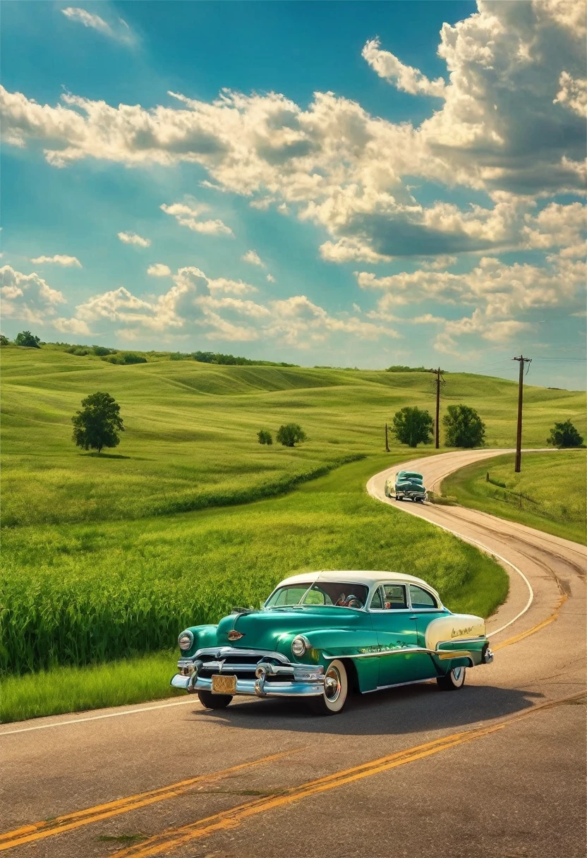 1950s road trip along route 66 in illinois usa, family in beat up sedan chasing the california dream, camera mounted at road level, bright sunny summer day, professional lighting, professional camera, detailed photorealistic scenic landscape, dramatic lighting, vibrant colors, cinematic composition, nostalgic mood, golden hour lighting, road winding through countryside, blue sky with fluffy clouds, lush green fields and trees, classic american cars, family members with expressions of wonder and excitement, vintage americana aesthetic, cinematic framing, masterpiece, hyper detailed, 8k, photorealistic