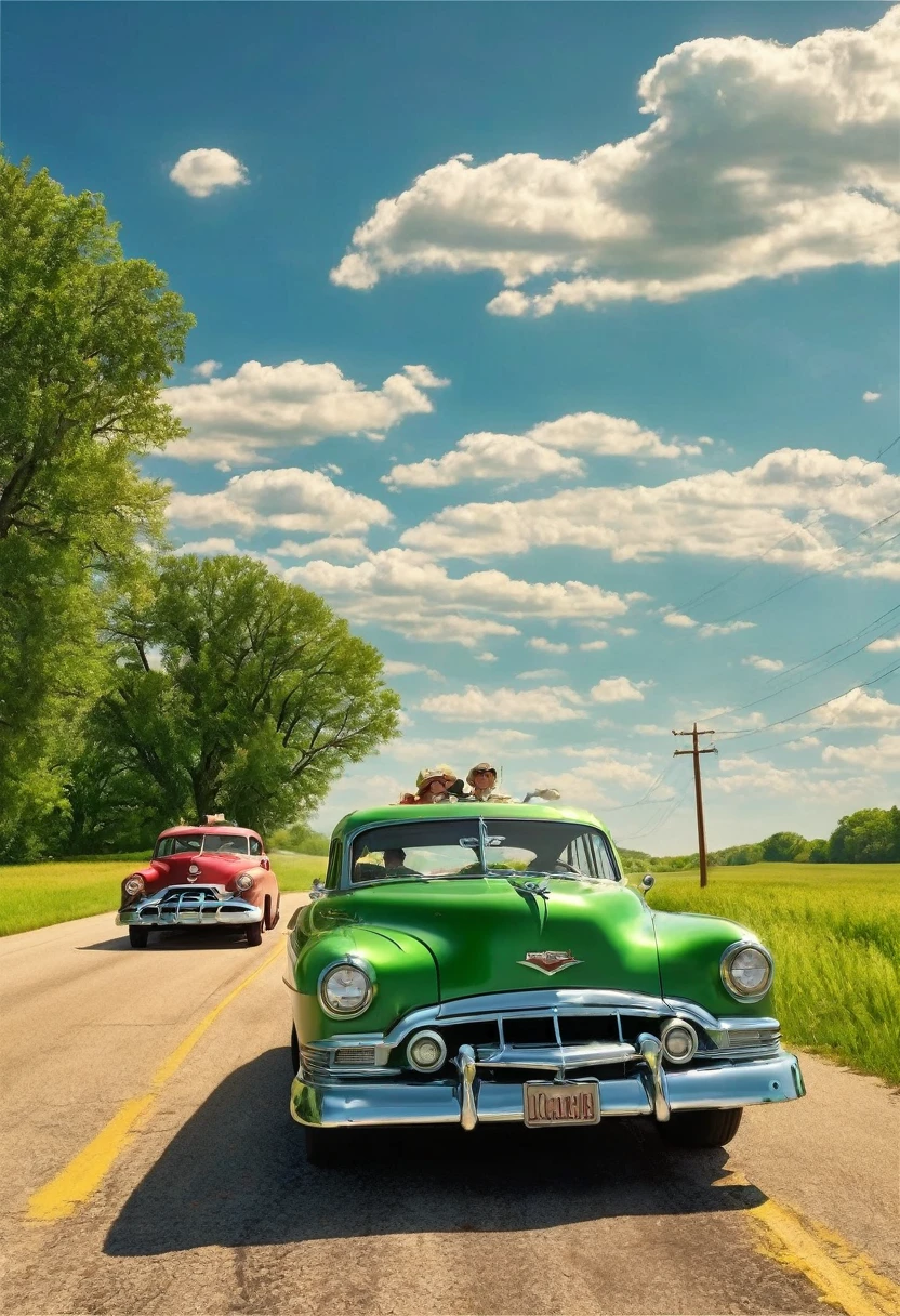 1950s road trip along route 66 in illinois usa, family in beat up sedan chasing the california dream, camera mounted at road level, bright sunny summer day, professional lighting, professional camera, detailed photorealistic scenic landscape, dramatic lighting, vibrant colors, cinematic composition, nostalgic mood, golden hour lighting, road winding through countryside, blue sky with fluffy clouds, lush green fields and trees, classic american cars, family members with expressions of wonder and excitement, vintage americana aesthetic, cinematic framing, masterpiece, hyper detailed, 8k, photorealistic