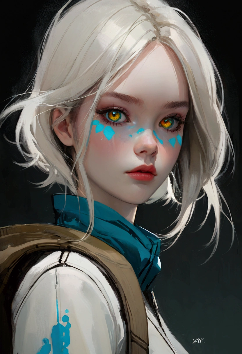 Siberia,Strange,make up,Heterochromia,Intricate details,elegant,8K resolution,Realistic rendering,(Ashley Wood Style:1.2),(Nick Vicesi Style:0.6), Chemiluminescence,1 girl,