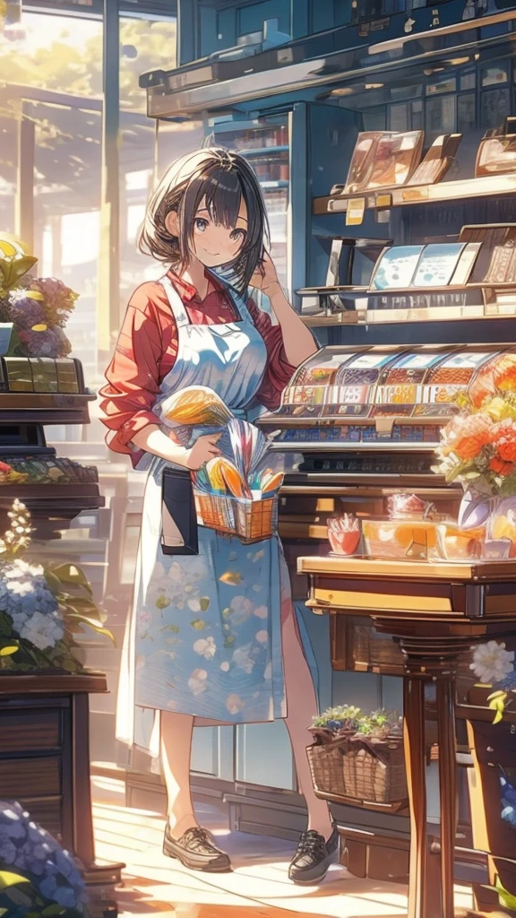 young woman,smile,((Standing inside the cash register)),Touching the cash register machine,Customer Service,((There is a cash register on the table)),(Scanning product barcodes at the cash register)),Supermarket clerk,Wearing an apron,uniform,((Working as a cashier)),((Cashier)),((cashier,register,)),((Receive money from customers)),There are products on the shelves,In the supermarket,Bright interior,grocery store
