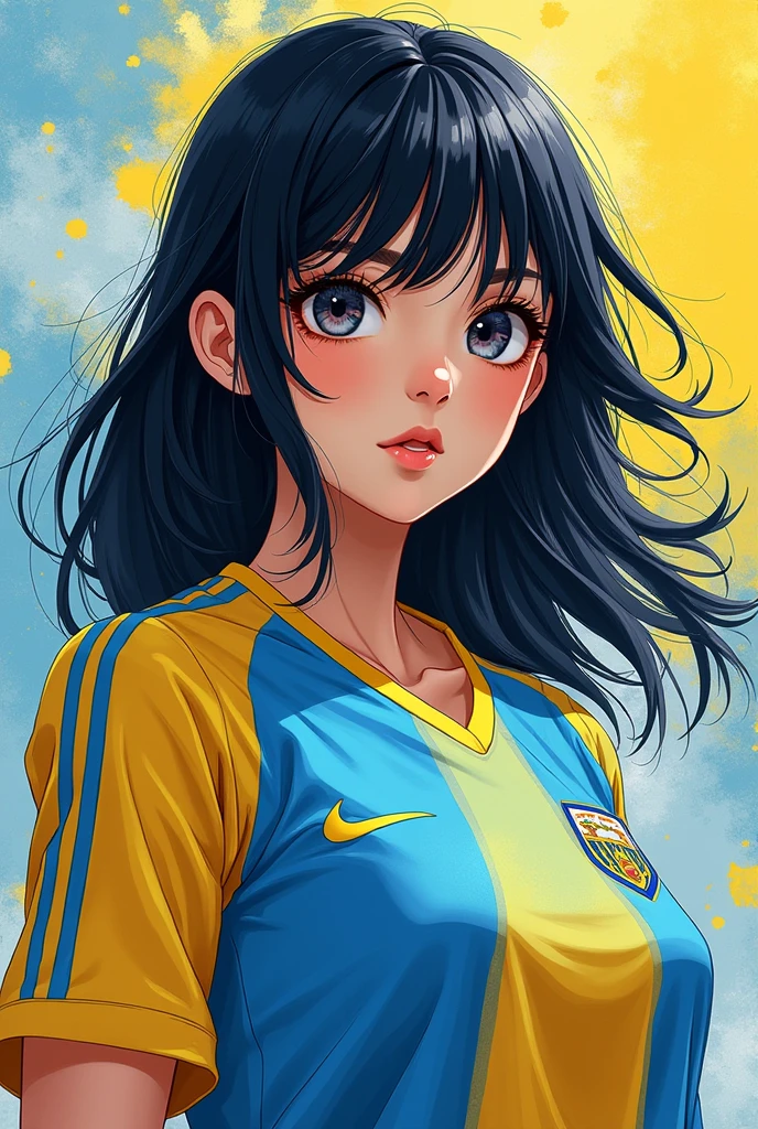 An 18-year-old girl, anime version with black hair, Boca Juniors team jersey (Argentine soccer team)