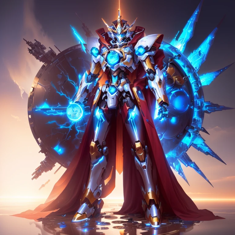 Close-up of robot,Sword and shield in hand, , Anime large mecha robot, Cool mecha style, Beautiful robot character design, Concept art of Omegamon, Mecha style greek god, ( ( AI Art God King ) ), Complete portrait of the Electric Mage, Female mecha